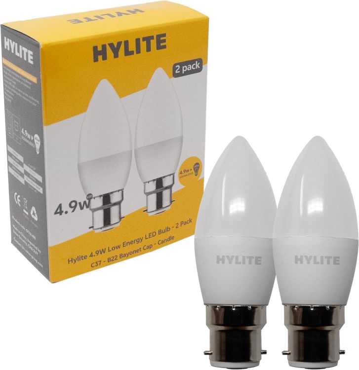 Picture of 4.9W C37 Low Energy LED Bulb 2 Pack - 450 Lumen Warm White 3000K Candle Light - 40W Equivalent B22 Bayonet Cap - Energy Saving, Instant Full Brightness, No Flicker, Long Life [Energy Class F]