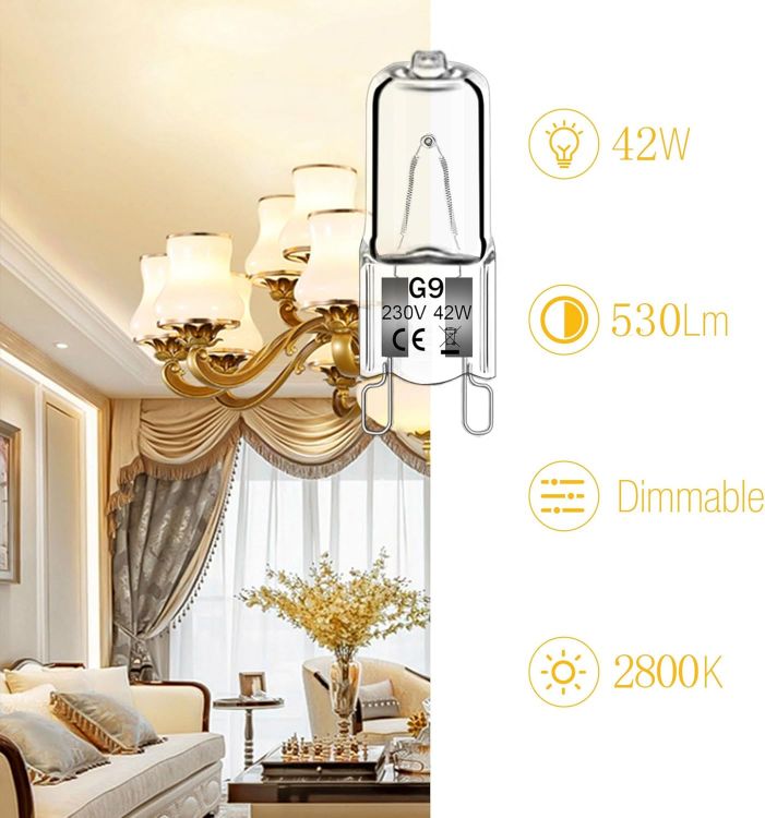 Picture of 12 Pack G9 Halogen Bulbs 42W 230V 2800K Warm White 530LM, Clear Capsule Halogen Lamps Dimmable, No Strobe, No Flicker [Energy Class G]