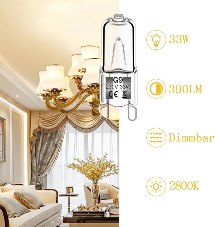 Picture of 12Pack G9 Halogen Bulbs 33W 230V 2800K Warm White 390LM, Clear Capsule Halogen Lamps Dimmable, No Strobe, No Flicker [Energy Class G]