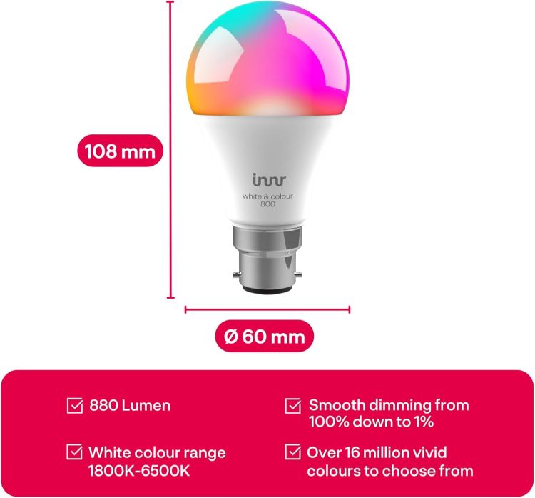 Picture of Zigbee Smart Bulb, Works with Hue and Alexa (Bridge Required), White & Colour, 16 Million Colours, B22 LED Bayonet Bulb, Dimmable, 880 Lumen, 2-Pack [Energy Class F]