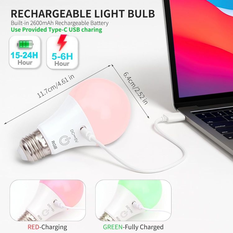Picture of HOME Rechargeable Light Bulb with Remote Control, Smart RGB Colour Changing Light Bulbs, E27 LED Dimmable Touch Control Bulbs with Timing Function, 2600mAh Battery Powered