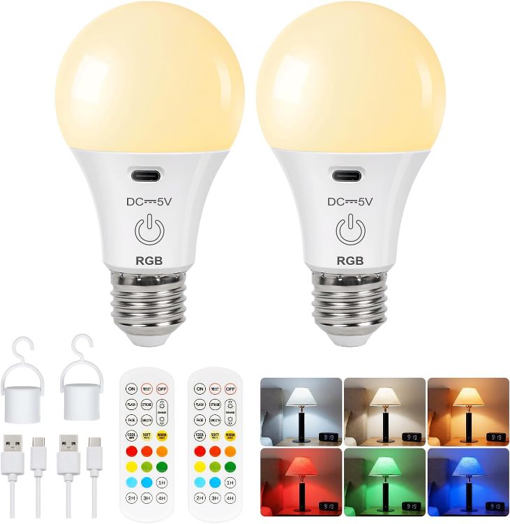 Picture of HOME Rechargeable Light Bulb with Remote Control, Smart RGB Colour Changing Light Bulbs, E27 LED Dimmable Touch Control Bulbs with Timing Function, 2600mAh Battery Powered