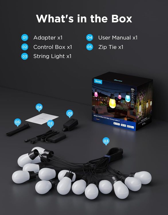 Picture of Outdoor String Lights 15M, Smart RGBIC Dimmable Lights Warm White LED Bulbs, IP66 Waterproof Garden Lights with 111 Scene Modes, Works with Alexa, Google Assistant, Matter for Backyard, Party [Energy Class G]