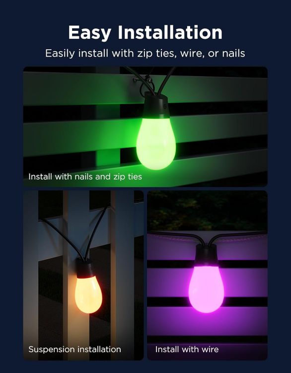 Picture of Outdoor String Lights 15M, Smart RGBIC Dimmable Lights Warm White LED Bulbs, IP66 Waterproof Garden Lights with 111 Scene Modes, Works with Alexa, Google Assistant, Matter for Backyard, Party [Energy Class G]
