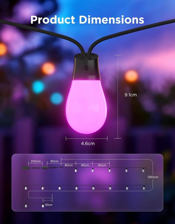 Picture of Outdoor String Lights 15M, Smart RGBIC Dimmable Lights Warm White LED Bulbs, IP66 Waterproof Garden Lights with 111 Scene Modes, Works with Alexa, Google Assistant, Matter for Backyard, Party [Energy Class G]