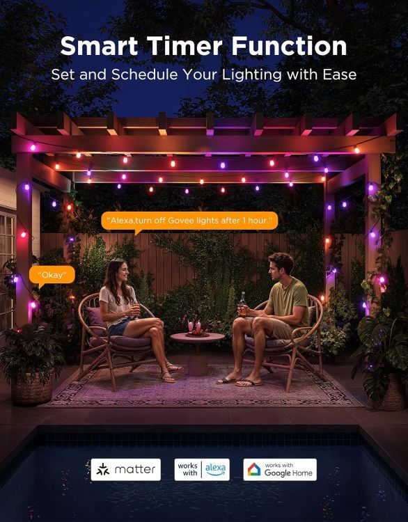 Picture of Outdoor String Lights 15M, Smart RGBIC Dimmable Lights Warm White LED Bulbs, IP66 Waterproof Garden Lights with 111 Scene Modes, Works with Alexa, Google Assistant, Matter for Backyard, Party [Energy Class G]