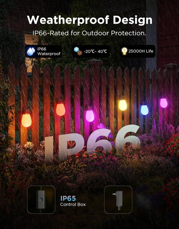 Picture of Outdoor String Lights 15M, Smart RGBIC Dimmable Lights Warm White LED Bulbs, IP66 Waterproof Garden Lights with 111 Scene Modes, Works with Alexa, Google Assistant, Matter for Backyard, Party [Energy Class G]