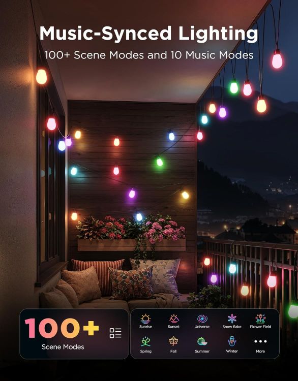Picture of Outdoor String Lights 15M, Smart RGBIC Dimmable Lights Warm White LED Bulbs, IP66 Waterproof Garden Lights with 111 Scene Modes, Works with Alexa, Google Assistant, Matter for Backyard, Party [Energy Class G]