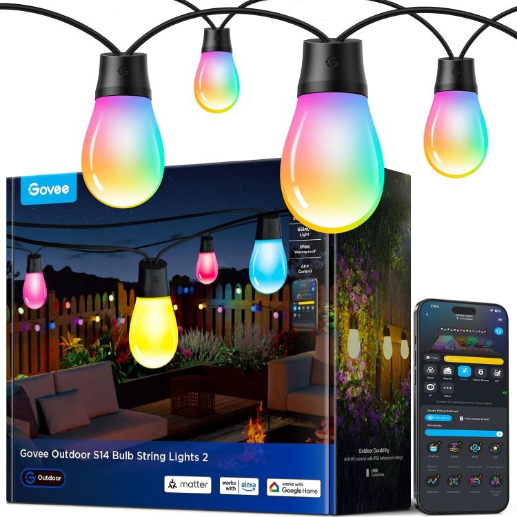Picture of Outdoor String Lights 15M, Smart RGBIC Dimmable Lights Warm White LED Bulbs, IP66 Waterproof Garden Lights with 111 Scene Modes, Works with Alexa, Google Assistant, Matter for Backyard, Party [Energy Class G]