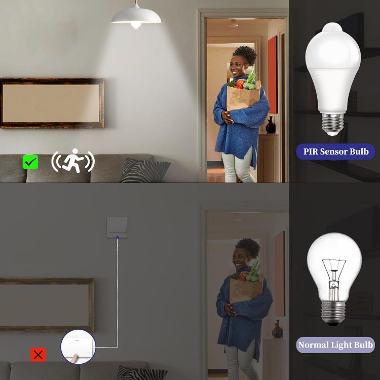 Picture of PIR Motion Sensor LED Bulbs E27 9W, Cool White 6500K, Equivalent 60W, E27 Screw, Auto On/Off Motion Sensor Light Bulbs for Front Door, Garage, Stairs, Hallway, Basement, 2 Pack