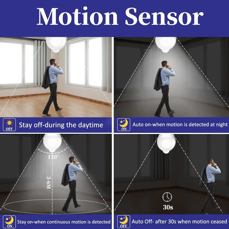 Picture of PIR Motion Sensor LED Bulbs E27 9W, Cool White 6500K, Equivalent 60W, E27 Screw, Auto On/Off Motion Sensor Light Bulbs for Front Door, Garage, Stairs, Hallway, Basement, 2 Pack