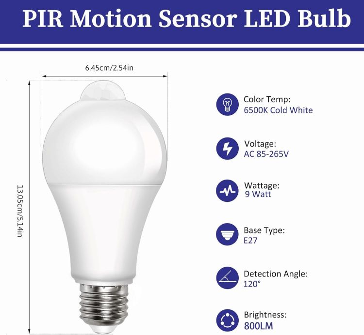 Picture of PIR Motion Sensor LED Bulbs E27 9W, Cool White 6500K, Equivalent 60W, E27 Screw, Auto On/Off Motion Sensor Light Bulbs for Front Door, Garage, Stairs, Hallway, Basement, 2 Pack
