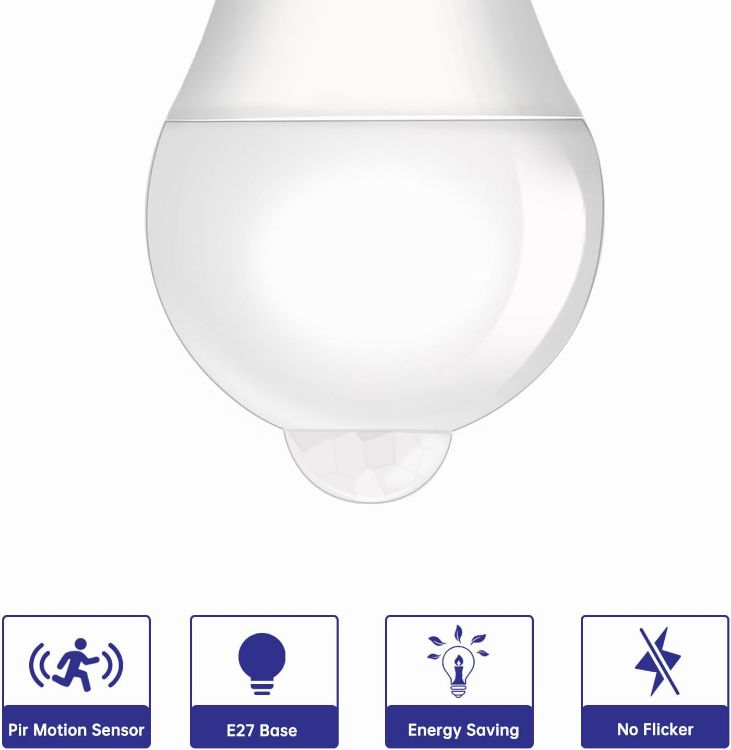 Picture of PIR Motion Sensor LED Bulbs 9W, BC B22 Bayonet Light Bulbs Cool White 6500K, Equivalent 60W, Auto On/Off B22 Motion Sensor Light Bulb for Garage, Stairs, Hallway, 2 Pack [Energy Class F]