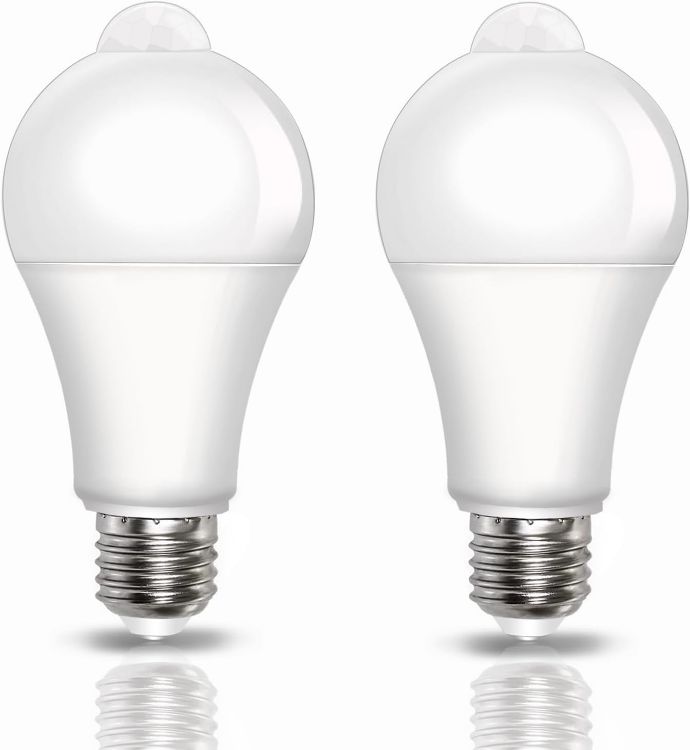 Picture of PIR Motion Sensor LED Bulbs 9W, BC B22 Bayonet Light Bulbs Cool White 6500K, Equivalent 60W, Auto On/Off B22 Motion Sensor Light Bulb for Garage, Stairs, Hallway, 2 Pack [Energy Class F]