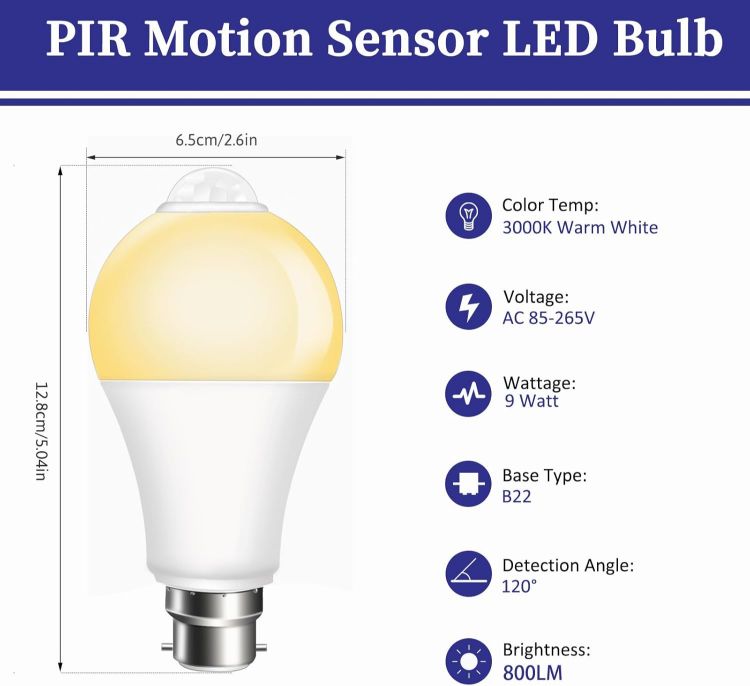 Picture of PIR Motion Sensor LED Bulbs 9W, BC B22 Bayonet Light Bulbs Warm White 3000K, Equivalent 60W, Auto On/Off B22 Motion Sensor Light Bulb for Garage, Stairs, Hallway, Basement, 2 Pack [Energy Class F]