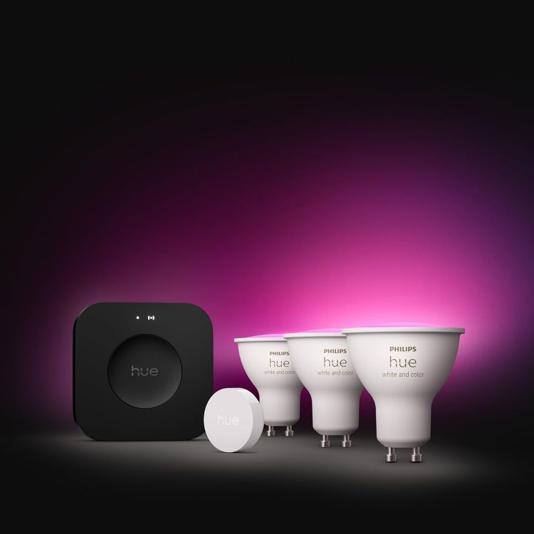 Picture of Starter Kit Bridge Pro + 3 GU10 Spotlights + Button, White and Colour Ambience Smart Bulbs, Smart Light Hub, Works with Apple Home, Amazon Alexa, Google Assistant, Samsung SmartThings [Energy Class E]