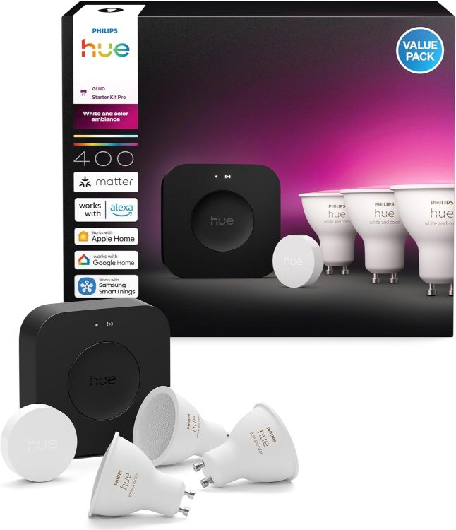 Picture of Starter Kit Bridge Pro + 3 GU10 Spotlights + Button, White and Colour Ambience Smart Bulbs, Smart Light Hub, Works with Apple Home, Amazon Alexa, Google Assistant, Samsung SmartThings [Energy Class E]