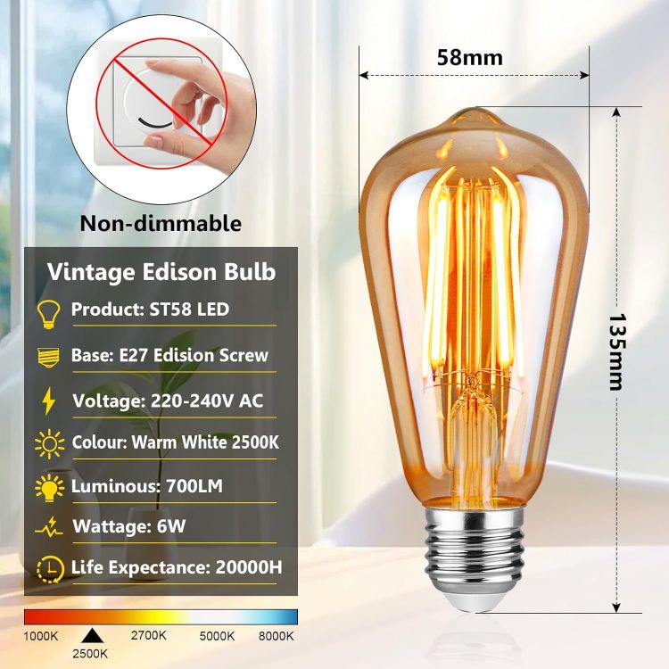 Picture of Vintage Edison Light Bulbs E27 Base, ST58 Warm White 2500K, Antique Retro Amber Glass Lamp 700LM, Screw LED Filament Decorative Bulb Squirrel Cage, 6W Equivalent to 60W, Non-dimmable, Pack of 5 [Energy Class E]