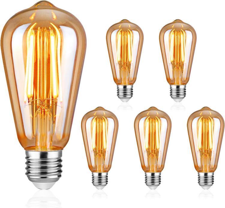 Picture of Vintage Edison Light Bulbs E27 Base, ST58 Warm White 2500K, Antique Retro Amber Glass Lamp 700LM, Screw LED Filament Decorative Bulb Squirrel Cage, 6W Equivalent to 60W, Non-dimmable, Pack of 5 [Energy Class E]