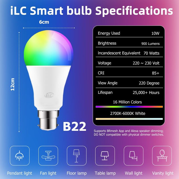 Picture of Colour Changing LED Light Bulb B22 10W RGBW Controlled by APP, Sync to Music, Dimmable Multi-Color 60 Watt Equivalent [Energy Class E]