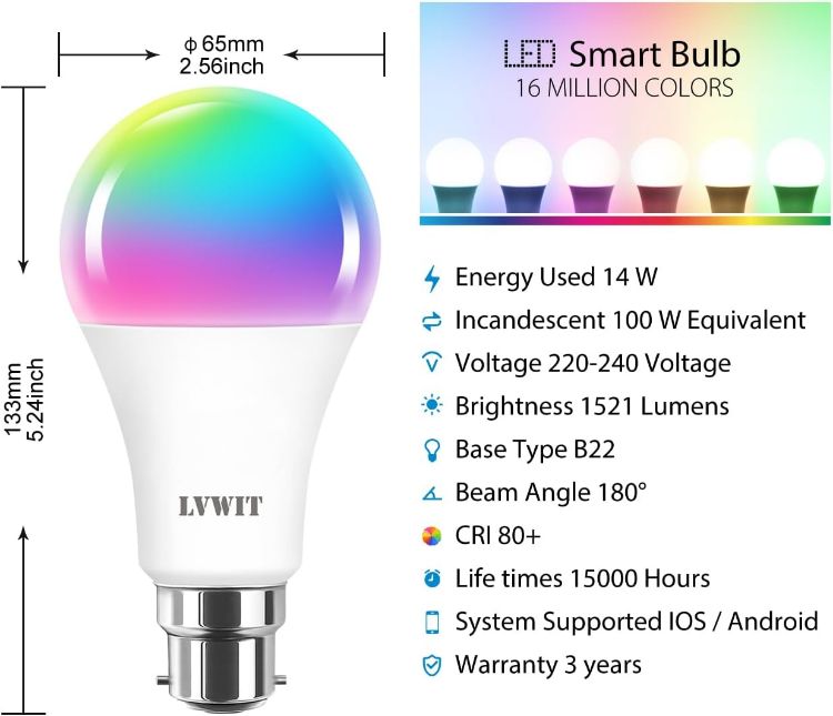 Picture of 14W Smart Bulb B22 A70 Smart Life Bulb 100 Watt Equivalent High 1521LM Dimmed Smart Light Bulb B22 Compatible with Alexa Echo Tuya and Google Pack of 2 [Energy Class E]