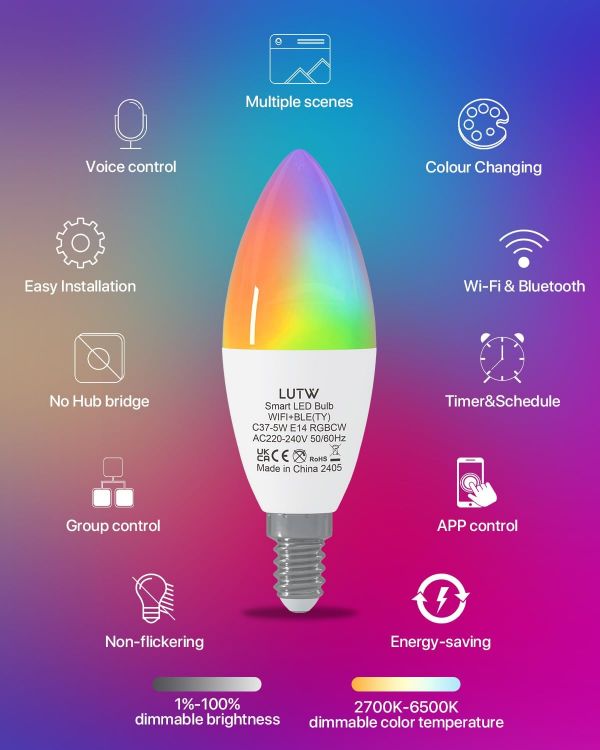 Picture of Smart Light Bulb E14, 5W 470LM C37 Alexa Light Bulbs E14, Color Changing Light Bulb, Compatible with Alexa and Google Home, RGB WiFi&Bluetooth 2.4GHz Candle Light Bulbs, No Hub Required, 2 Pack [Energy Class F]