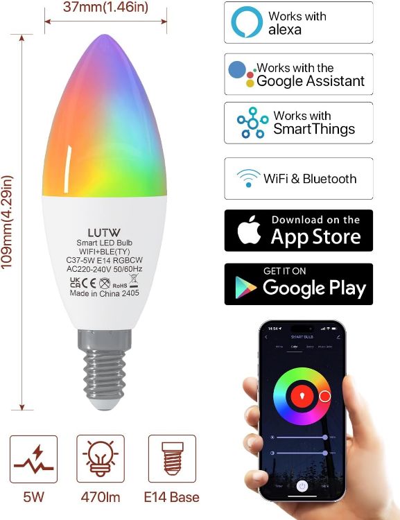 Picture of Smart Light Bulb E14, 5W 470LM C37 Alexa Light Bulbs E14, Color Changing Light Bulb, Compatible with Alexa and Google Home, RGB WiFi&Bluetooth 2.4GHz Candle Light Bulbs, No Hub Required, 2 Pack [Energy Class F]