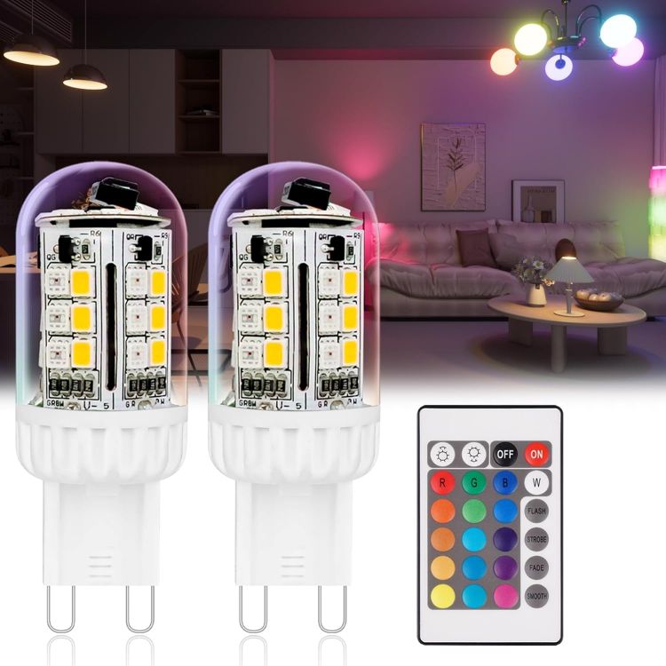 Picture of G9 LED Bulb Colour Changing Remote Controlled, RGB G9 Bulbs Not Smart, 3W 100-240V 2700K Warm White + 15 Multi Colour for Indoor, Christmas New Year Decoration, Party (2 Bulbs and 1 Remote)