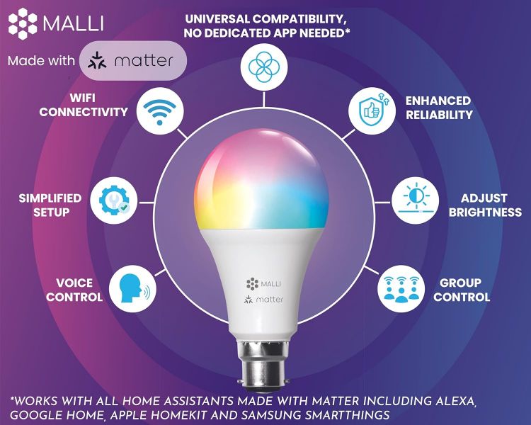 Picture of MALLI Smart LED Light Bulb Made with Matter for Color and White Temperature Control, Works with Matter Home Systems, Brightness and Color Adjustable (Needs Hub) [Energy Class F]