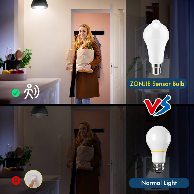 Picture of Motion Sensor Light Bulb - 4 Pack 12W B22 Smart Light Bulbs PIR Motion LED Bulb Auto On/Off Bayonet Smart Life Bulb for Stairs Garage Basement Corridor (Cool White 6000K) (Z-4341037)
