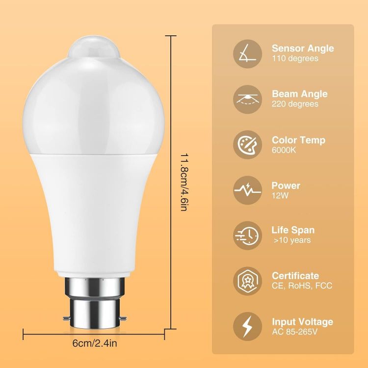 Picture of Motion Sensor Light Bulb - 4 Pack 12W B22 Smart Light Bulbs PIR Motion LED Bulb Auto On/Off Bayonet Smart Life Bulb for Stairs Garage Basement Corridor (Cool White 6000K) (Z-4341037)