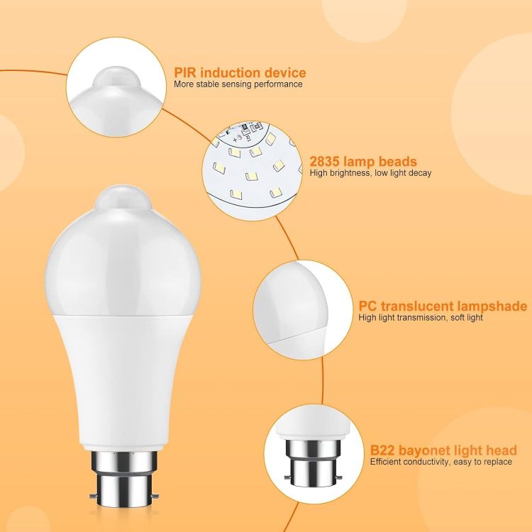 Picture of Motion Sensor Light Bulb - 4 Pack 12W B22 Smart Light Bulbs PIR Motion LED Bulb Auto On/Off Bayonet Smart Life Bulb for Stairs Garage Basement Corridor (Cool White 6000K) (Z-4341037)