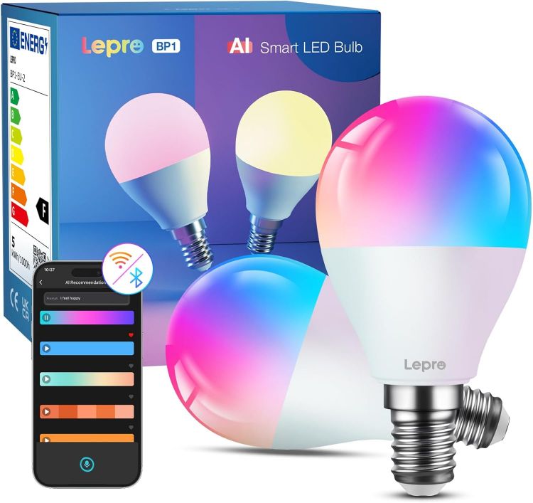 Picture of BP1 AI Smart Bulb E14 RGBWW, Works with Alexa & Google Assistant, Music Sync, Colour Changing, 4.9W = 40W, 470lm Dimmable, App Voice Control, Personalized AI Lighting Designer, Pack of 2 [Energy Class F]