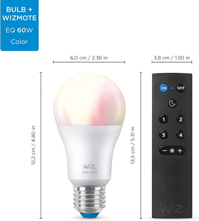 Picture of Colour [E27 Edison Screw] Smart Connected WiFi Light Bulb + WizMote with Wireless Remote. 60W Colour and White Light, App Control for Home Indoor Lighting, Livingroom, Bedroom. [Energy Class A]