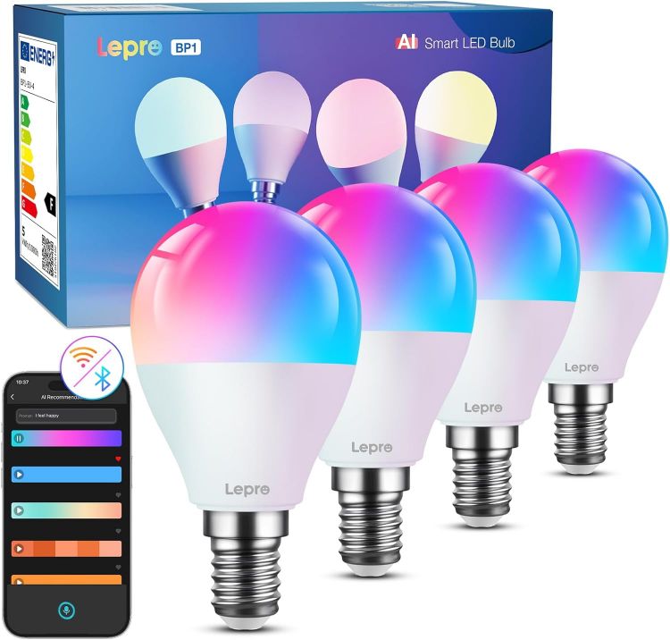 Picture of BP1 AI Smart Bulb E14 RGBWW, Works with Alexa & Google Assistant, Music Sync, Colour Changing, 4.9W = 40W, 470lm Dimmable, App Voice Control, Personalized AI Lighting Designer, Pack of 4 [Energy Class F]