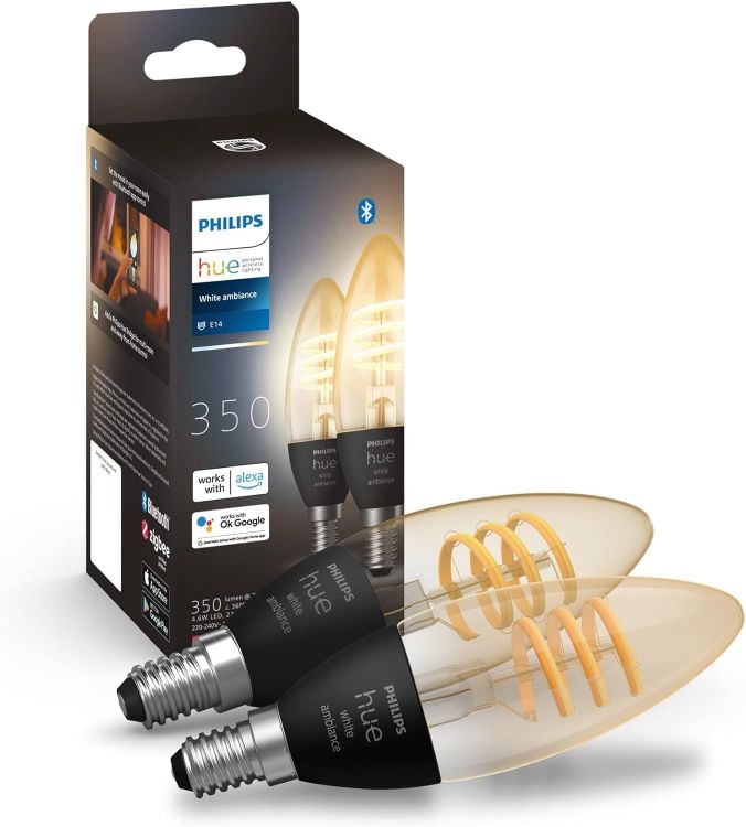 Picture of Filament Candle 2 Pack White Ambiance LED Smart Light Bulb [E14 Small Edison Screw] 4.9W for Indoor Home Lighting. Bedroom, Livingroom and Dining
