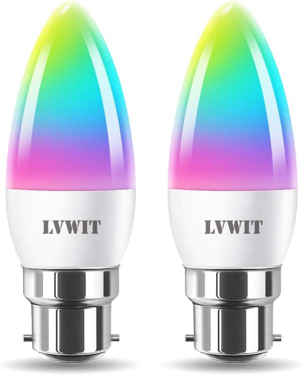 Picture of B22 Smart Candle Bulb Bayonet, RGB Color B22 Dimmable Bulbs, Music Sync WiFi Bulbs, 470Lm, 4.9W Compatible with Alexa, Echo and Google Home, Smart Candle Light Bulbs (Pack of 2) [Energy Class F]