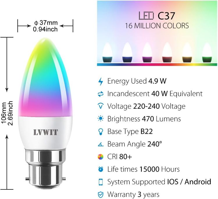Picture of B22 Smart Candle Bulb Bayonet, RGB Color B22 Dimmable Bulbs, Music Sync WiFi Bulbs, 470Lm, 4.9W Compatible with Alexa, Echo and Google Home, Smart Candle Light Bulbs (Pack of 2) [Energy Class F]