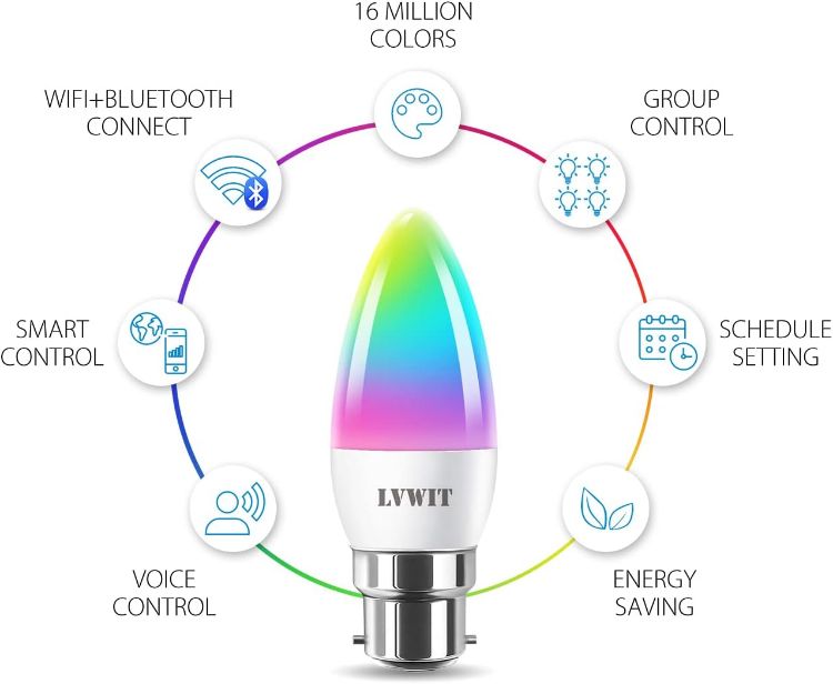 Picture of B22 Smart Candle Bulb Bayonet, RGB Color B22 Dimmable Bulbs, Music Sync WiFi Bulbs, 470Lm, 4.9W Compatible with Alexa, Echo and Google Home, Smart Candle Light Bulbs (Pack of 2) [Energy Class F]