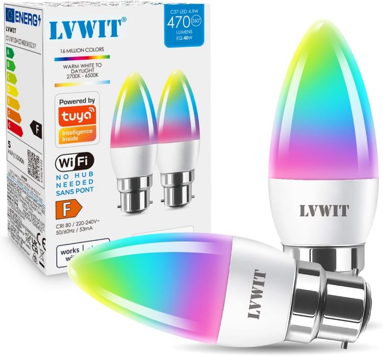 Picture of B22 Smart Candle Bulb Bayonet, RGB Color B22 Dimmable Bulbs, Music Sync WiFi Bulbs, 470Lm, 4.9W Compatible with Alexa, Echo and Google Home, Smart Candle Light Bulbs (Pack of 2) [Energy Class F]