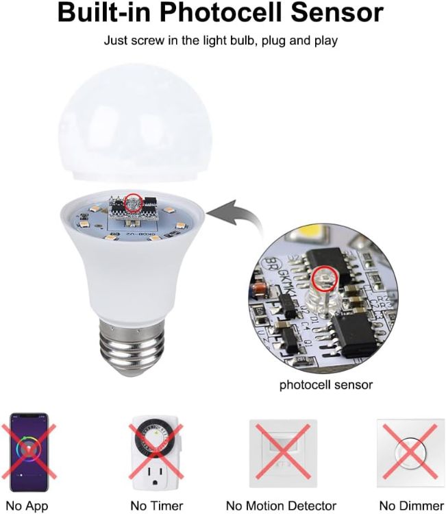 Picture of Dusk to Dawn Light Bulb, 5W (Equivalent to 40 Watt Incandescent) A19 LED Light Sensor Bulbs, Smart Auto On/Off, Indoor/Outdoor Lighting Bulb for Stairway Porch Patio, E27 Base, 2-Pack, Not Dimmable