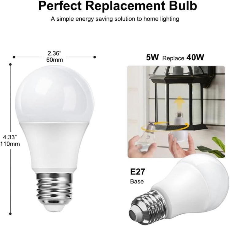 Picture of Dusk to Dawn Light Bulb, 5W (Equivalent to 40 Watt Incandescent) A19 LED Light Sensor Bulbs, Smart Auto On/Off, Indoor/Outdoor Lighting Bulb for Stairway Porch Patio, E27 Base, 2-Pack, Not Dimmable
