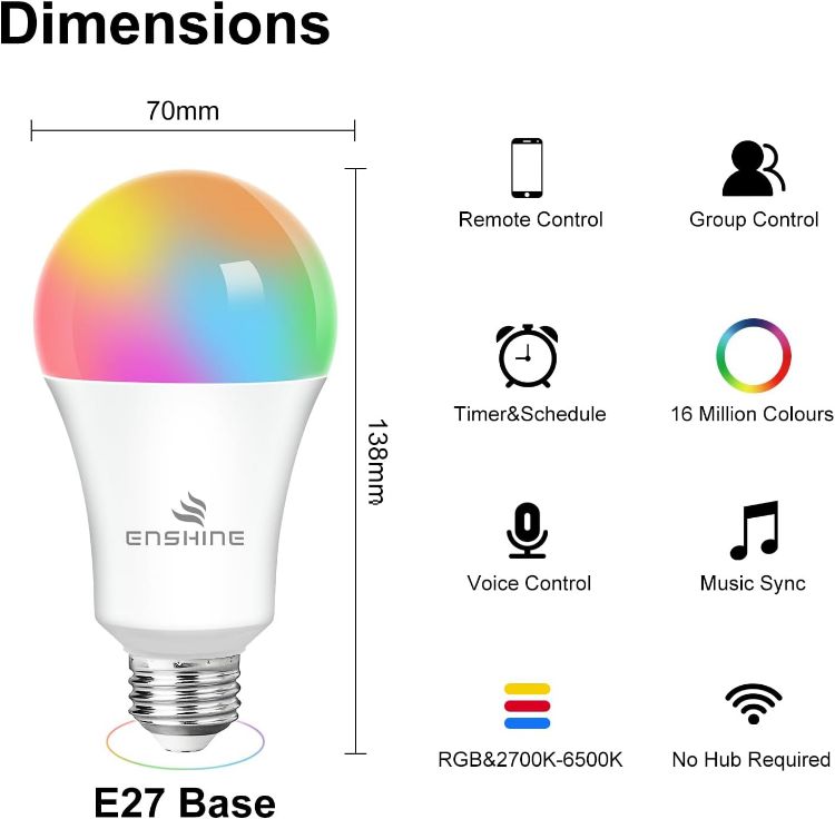 Picture of Screw Smart Bulb, 15W(100W) WiFi Light Bulbs E27, Colour Changing and Tunable White, Compatible with Alexa and Google Home, 1500 Lumens, Remote Control by APP, No Hub Required (Pack of 1)