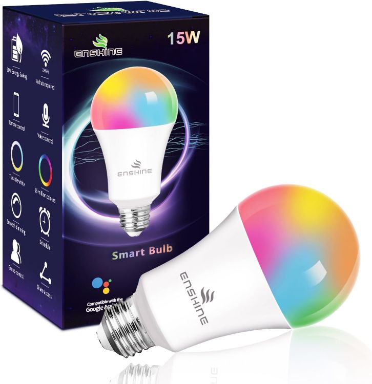 Picture of Screw Smart Bulb, 15W(100W) WiFi Light Bulbs E27, Colour Changing and Tunable White, Compatible with Alexa and Google Home, 1500 Lumens, Remote Control by APP, No Hub Required (Pack of 1)