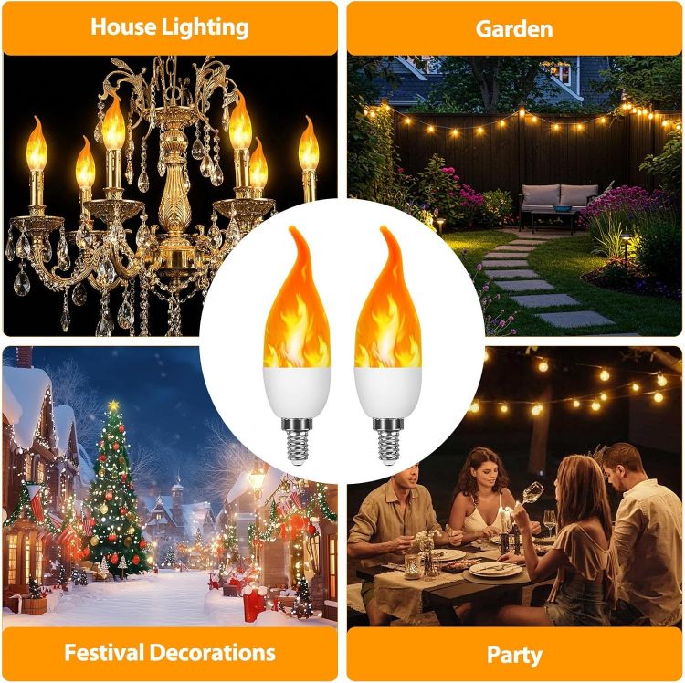 Picture of 2Pcs LED Flame Light Bulb, E14 Flame Effect Lamp, Flickering Light Bulb, 3 Lighting Modes, Indoor and Outdoor Decorative Flickering Flames Bulbs for Halloween Christmas Home Garden Bar