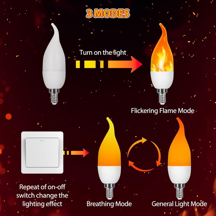 Picture of 2Pcs LED Flame Light Bulb, E14 Flame Effect Lamp, Flickering Light Bulb, 3 Lighting Modes, Indoor and Outdoor Decorative Flickering Flames Bulbs for Halloween Christmas Home Garden Bar