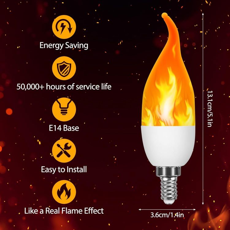Picture of 2Pcs LED Flame Light Bulb, E14 Flame Effect Lamp, Flickering Light Bulb, 3 Lighting Modes, Indoor and Outdoor Decorative Flickering Flames Bulbs for Halloween Christmas Home Garden Bar