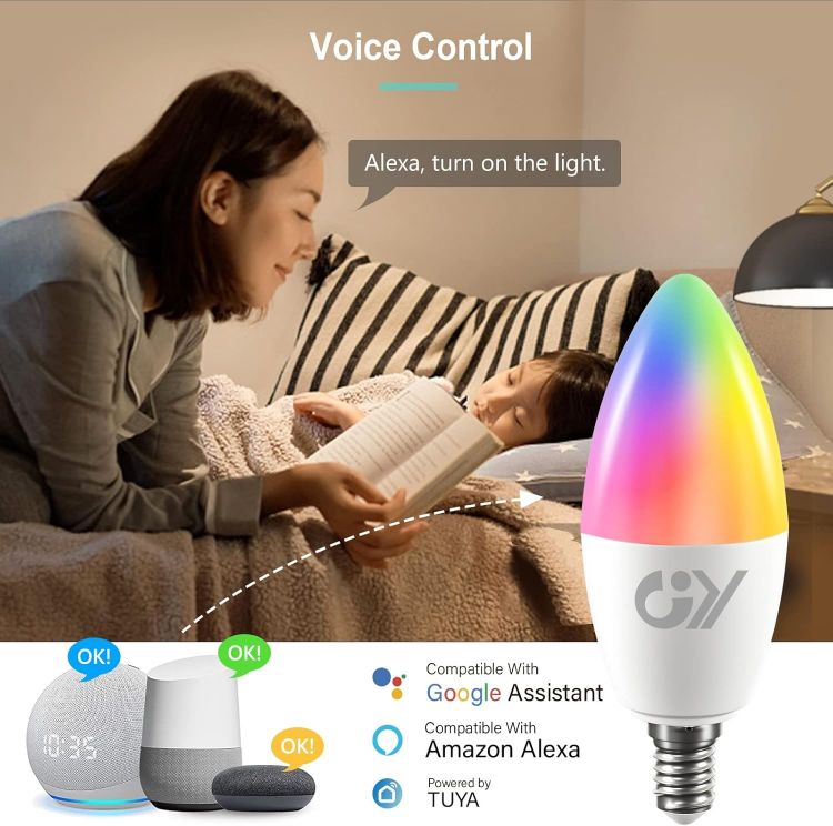 Picture of Smart Bulb C37 E14 Alexa Light Bulbs, 6W 600lm 2700K-6500K RGB Dimmable Colour Changing Compatible with Alexa/Google Home 2.4 GHz WLAN, 6 Packs [Energy Class F]