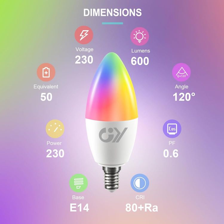 Picture of Smart Bulb C37 E14 Alexa Light Bulbs, 6W 600lm 2700K-6500K RGB Dimmable Colour Changing Compatible with Alexa/Google Home 2.4 GHz WLAN, 6 Packs [Energy Class F]
