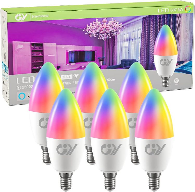 Picture of Smart Bulb C37 E14 Alexa Light Bulbs, 6W 600lm 2700K-6500K RGB Dimmable Colour Changing Compatible with Alexa/Google Home 2.4 GHz WLAN, 6 Packs [Energy Class F]